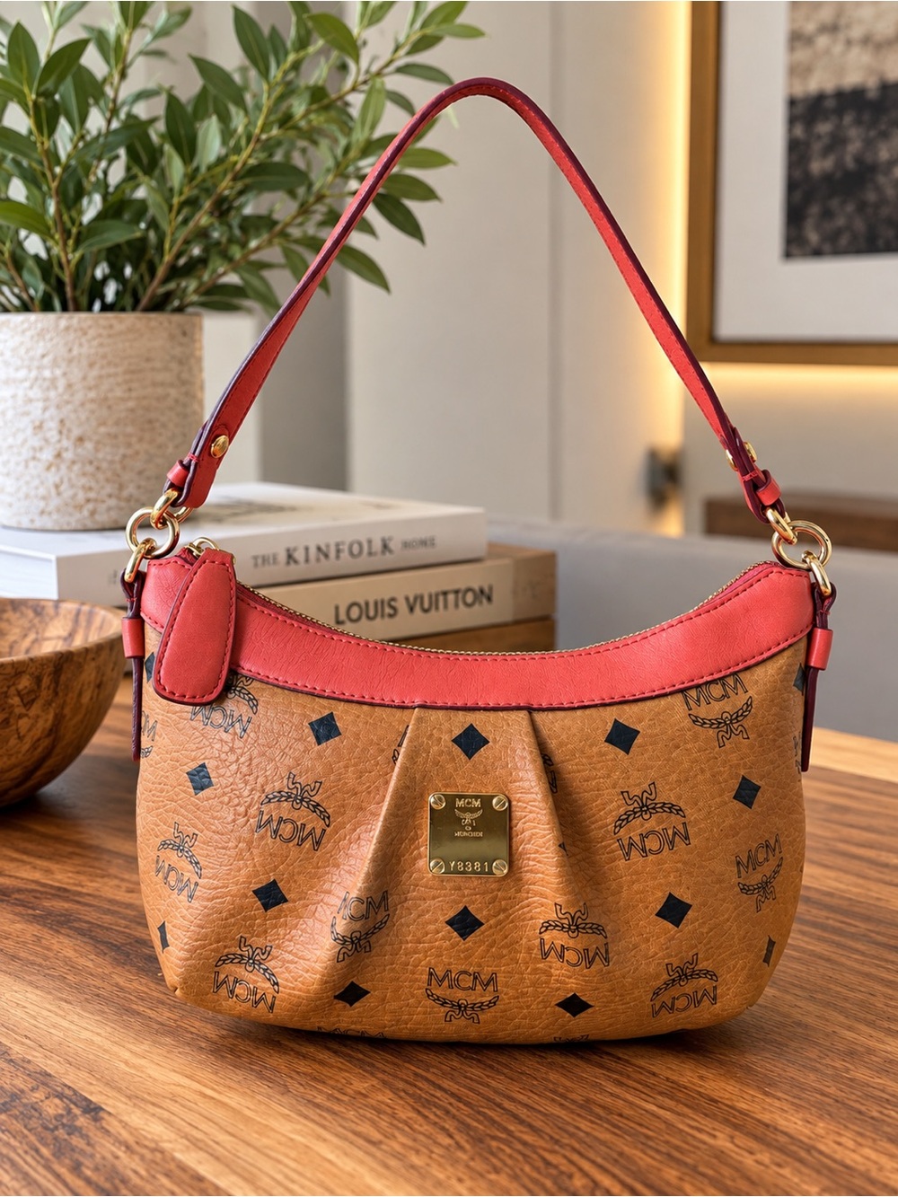 MCM Visetos Monogram Shoulder/Crossbody Bag in Cognac with Orange Trim